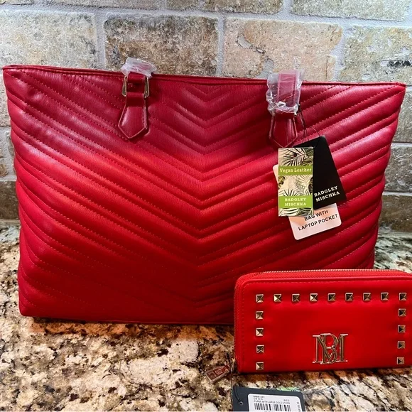 Bagley Mishka Quilted Chevron Tote Bag with Matching Wallet - Red